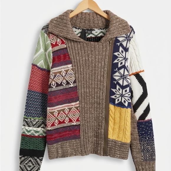Desigual Sweaters - Desigual Multicolor Patchwork Cable-Knit Sweater Jacket